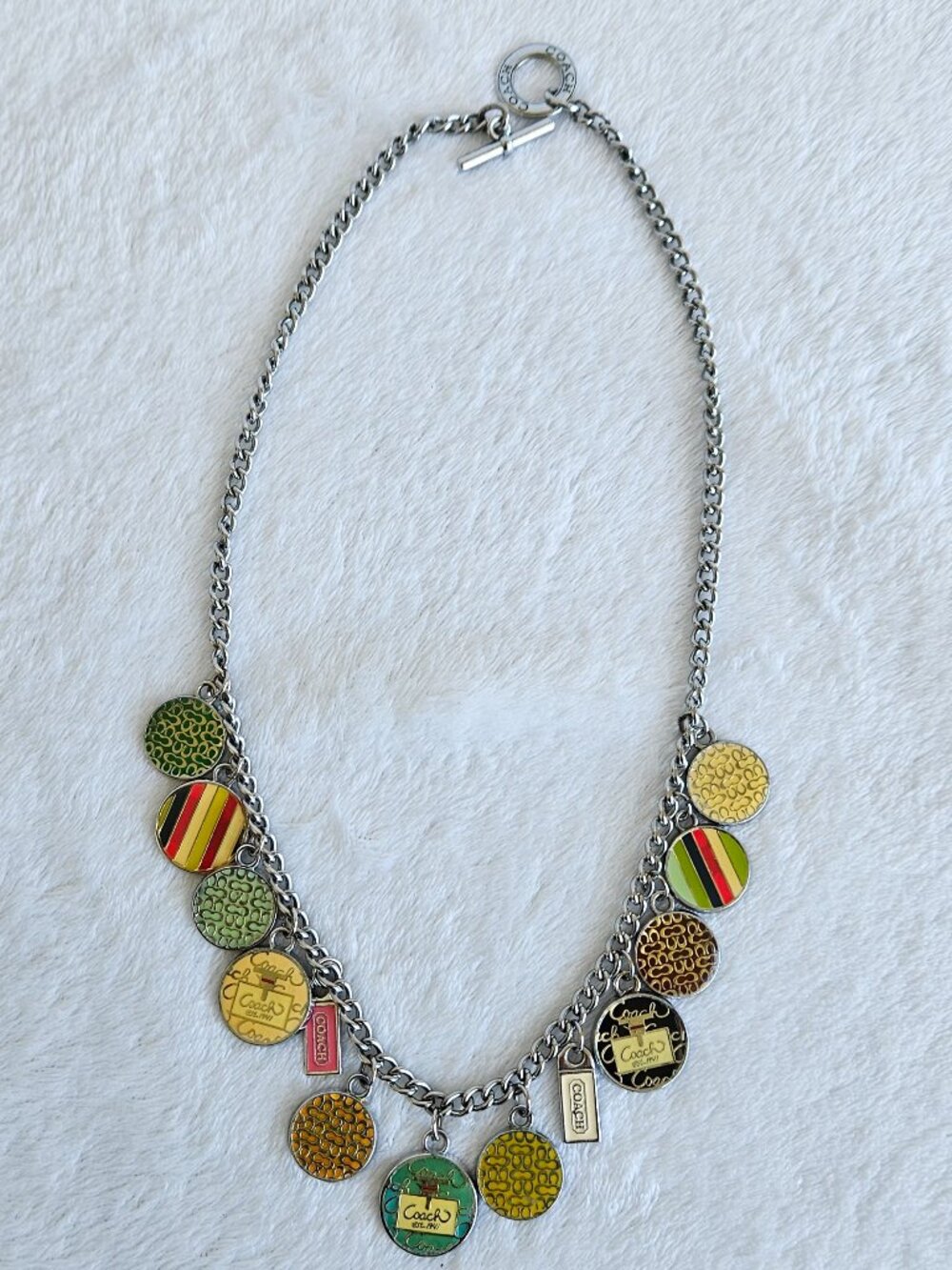Coach Enamel Vintage Silver Tone Coin Charm Necklace